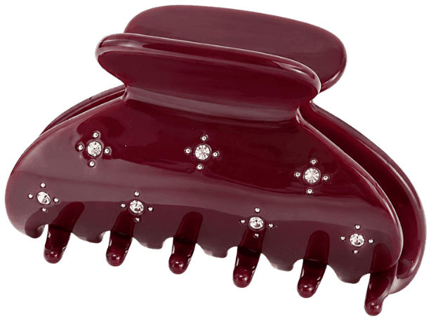 The Bordeaux Mini claw clip in deep wine red, scattered with clear stones, straight on from the front.