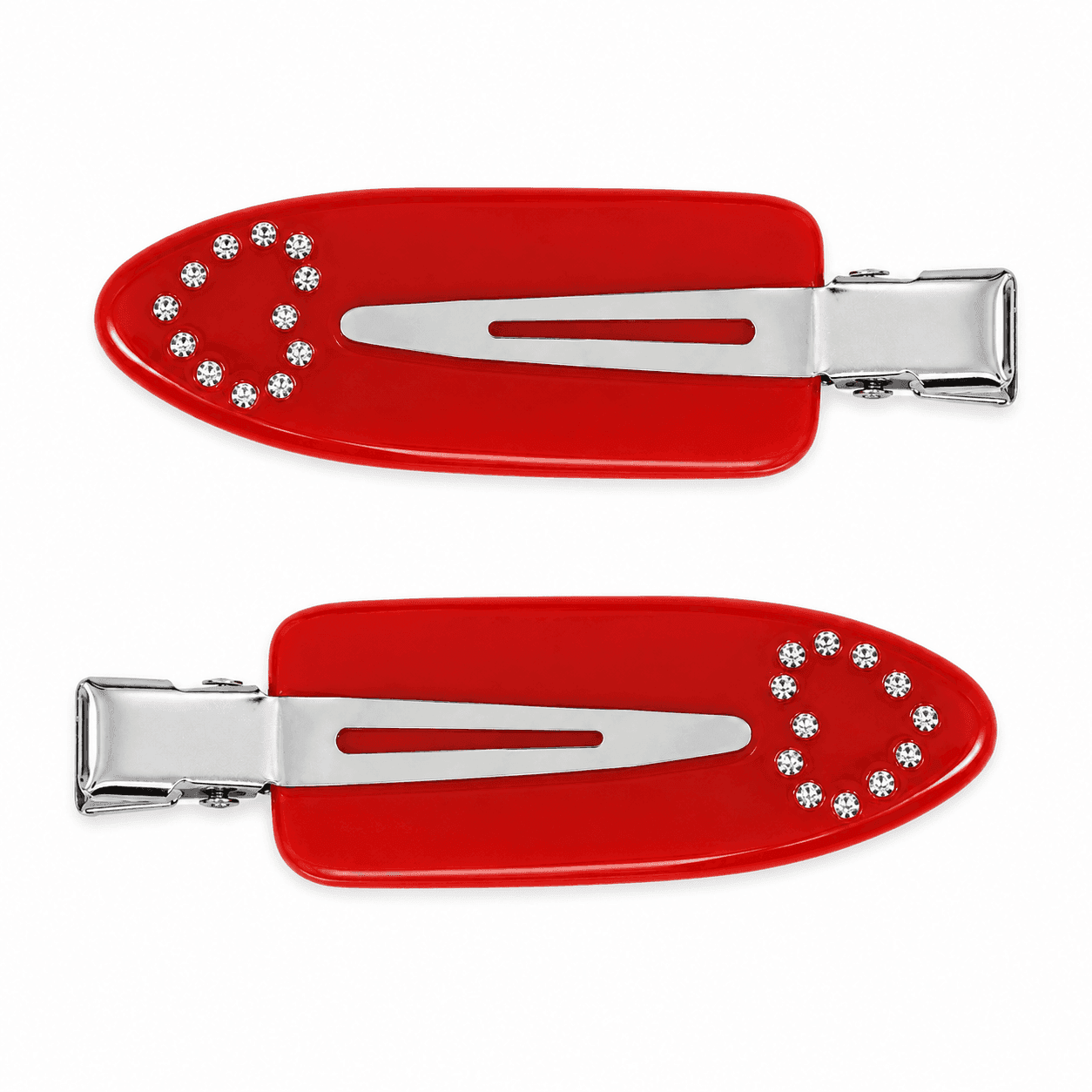 A pair of red Cherry pintail clips with silver hardware and a ring of clear stones.