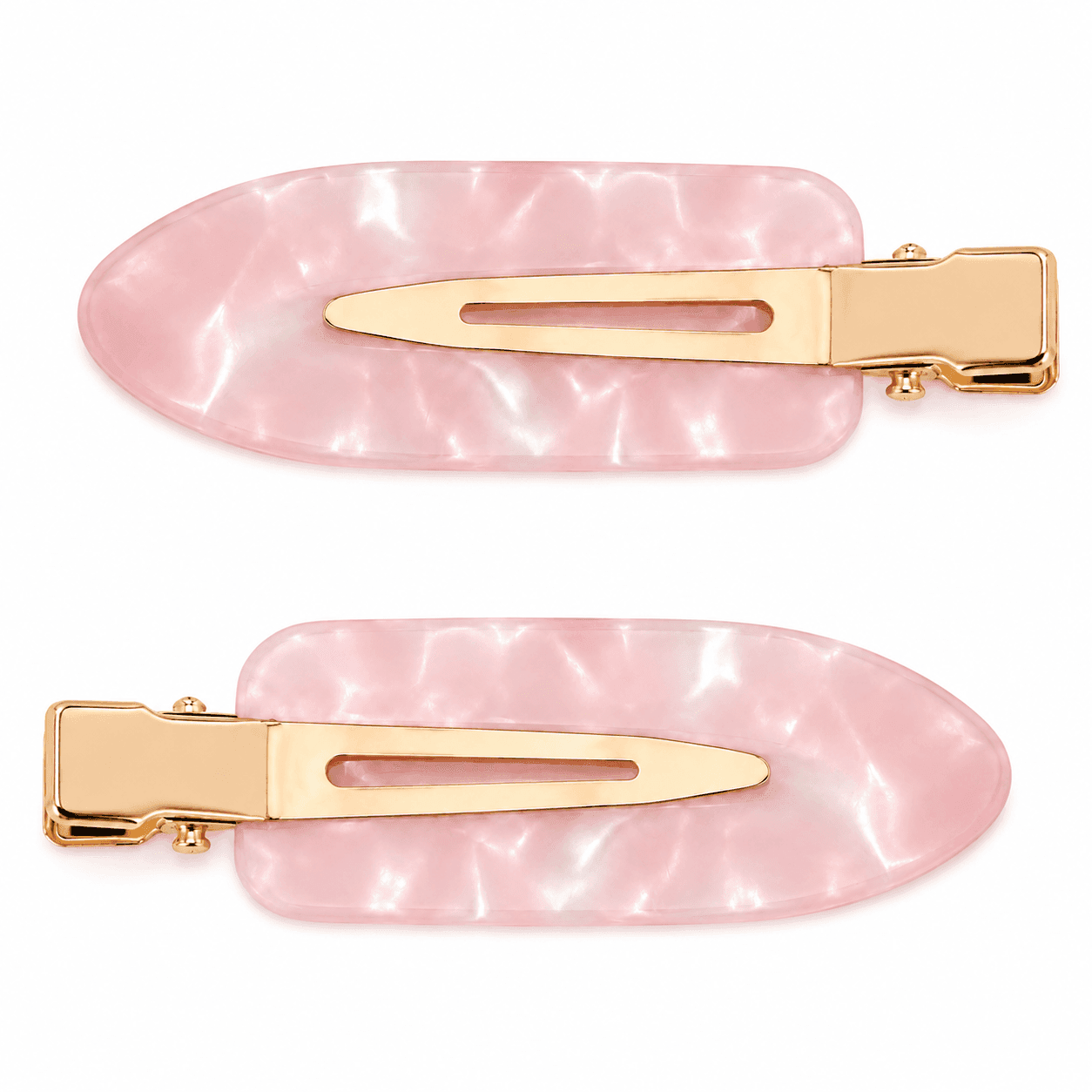 A pair of pink marbled Marble pintail clips with gold hardware.