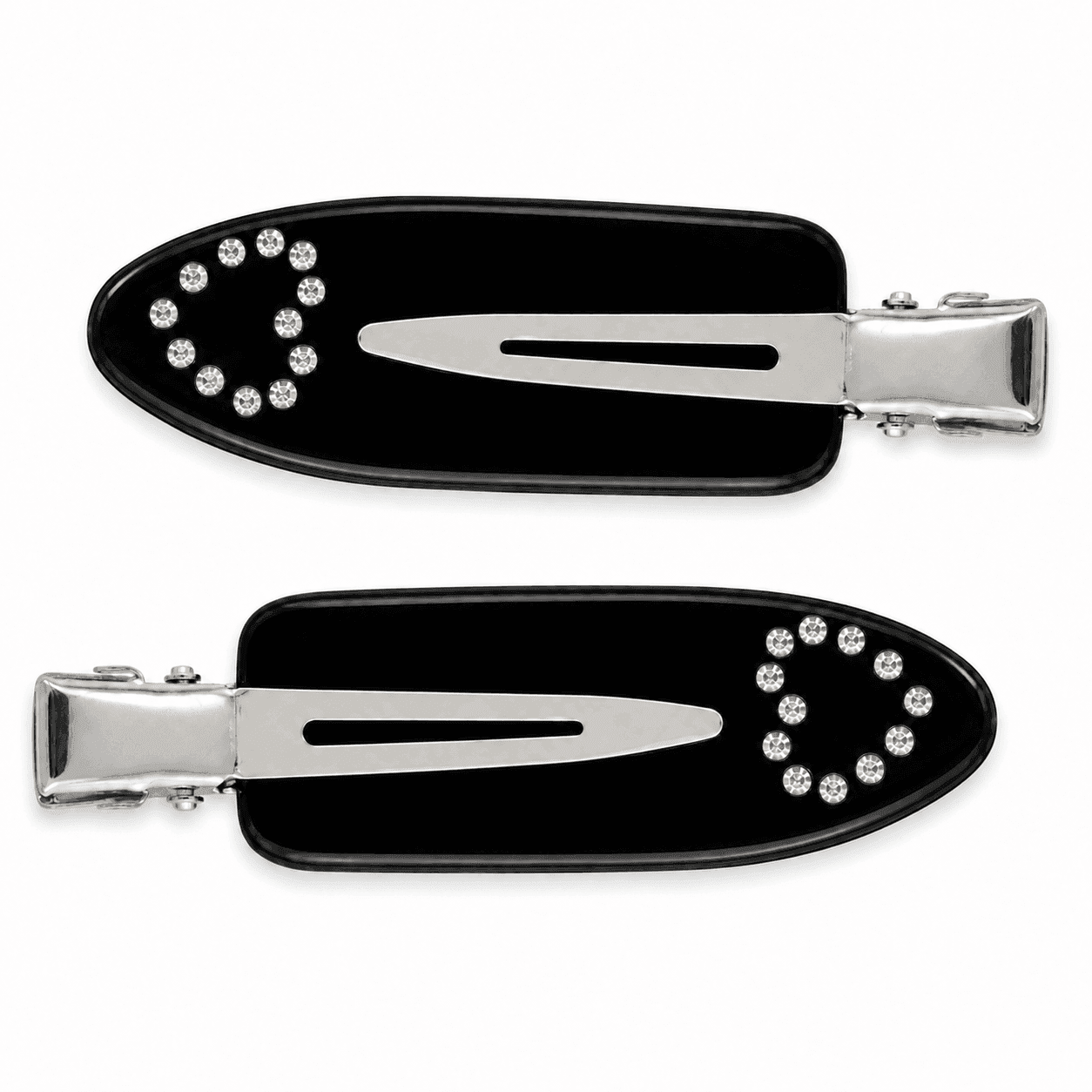 A pair of black Midnight pintail clips with silver hardware and a ring of clear stones.