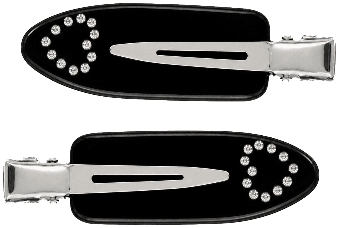 A pair of black Midnight pintail clips with silver hardware and a ring of clear stones.