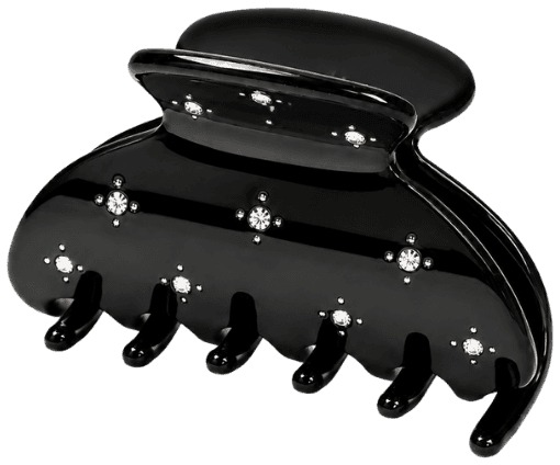 The Starlet Mini claw clip in glossy black, scattered with clear stones, straight on from the front.